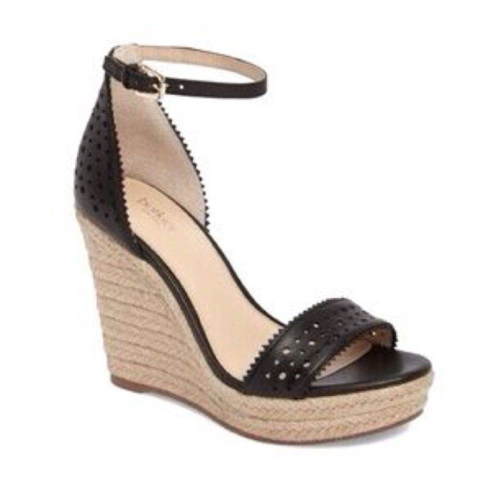 Botkier Jamie‎ Perforated Black Leather Espadrilles Platform Wedge Heels 10